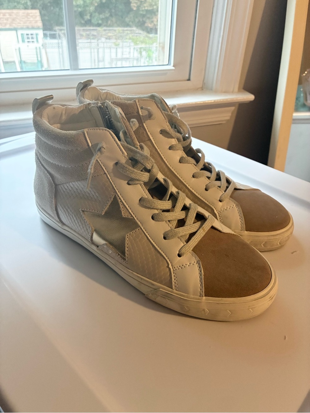 Vintage Havana Beige and White High-Top Sneakers